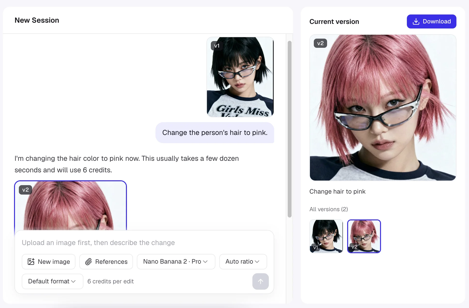 Chat Edit image editing app interface showing a chat conversation next to the edited photo and its version history