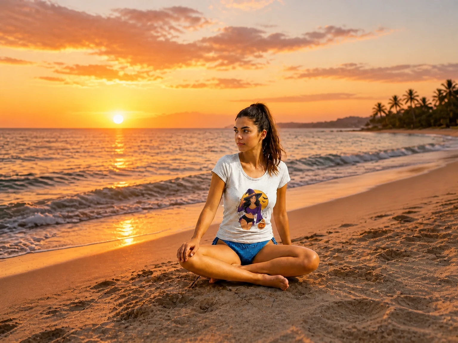 Chat Edit result: portrait with the background replaced by a beach at sunset