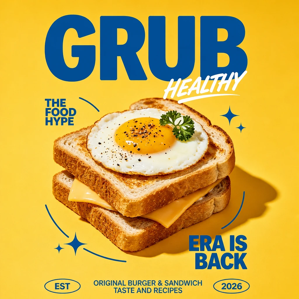 Original food poster of an egg and cheese sandwich with bold text on a yellow background before AI editing