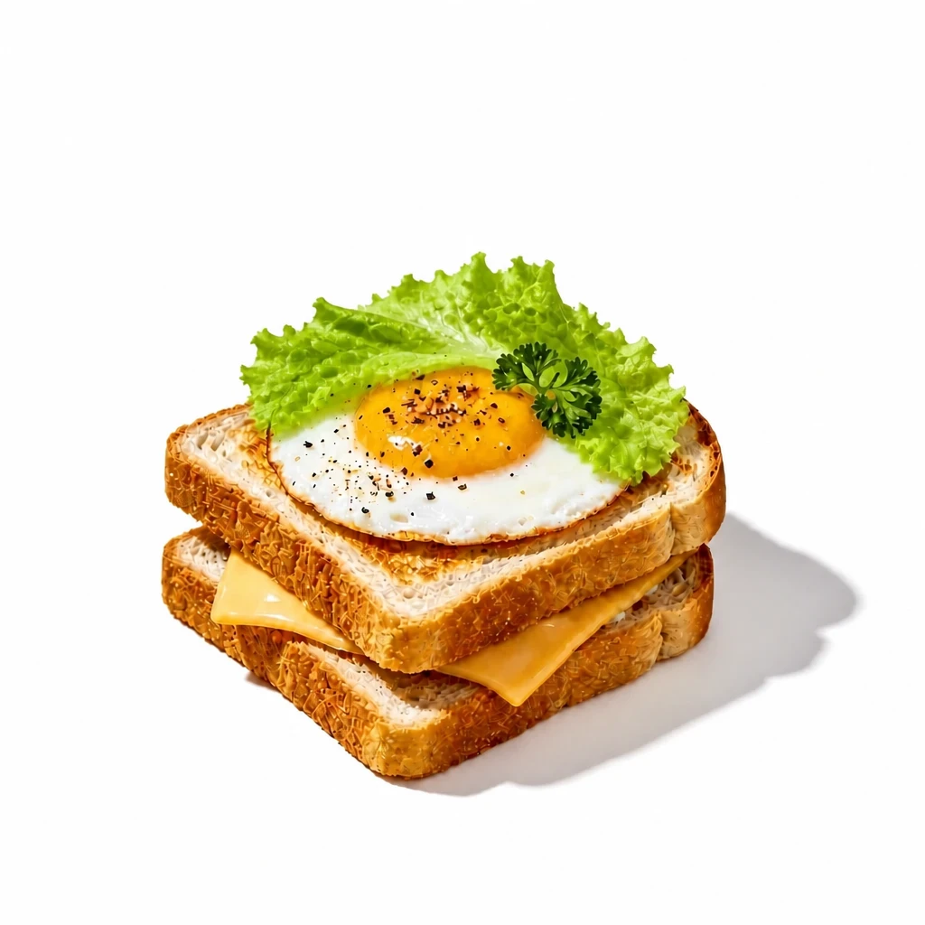 Final AI-edited sandwich with a fresh lettuce leaf on the egg against a pure white background