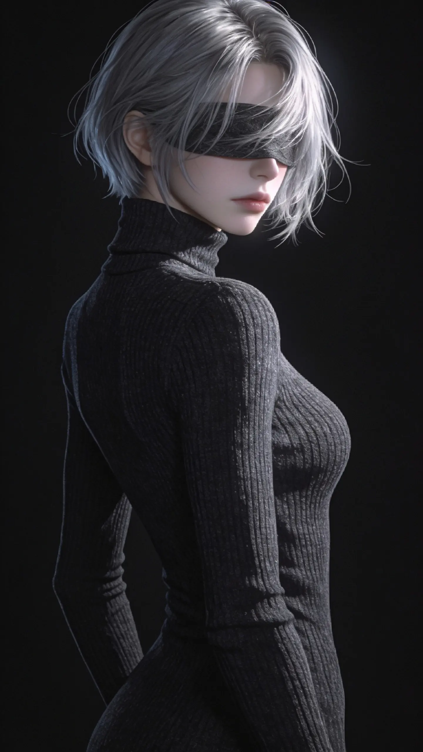 AI-generated dark-toned editorial portrait of a short silver-haired woman in a black turtleneck