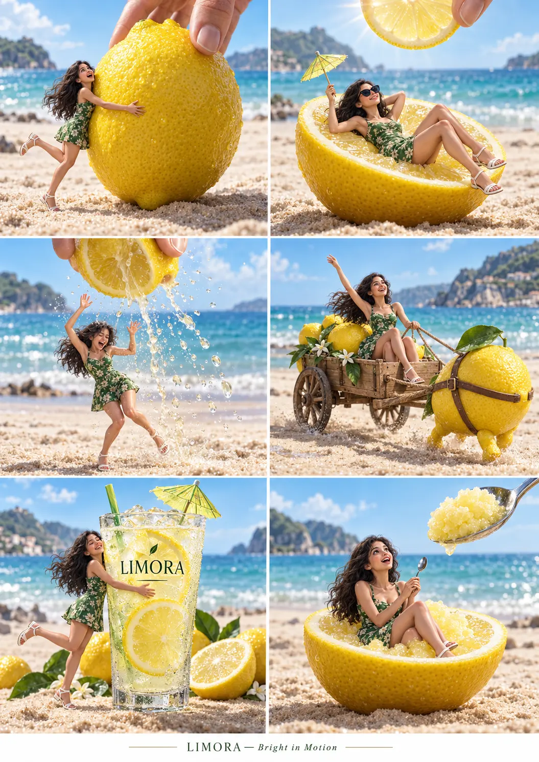 AI-generated summer campaign grid showing tiny people relaxing on giant lemons at the beach
