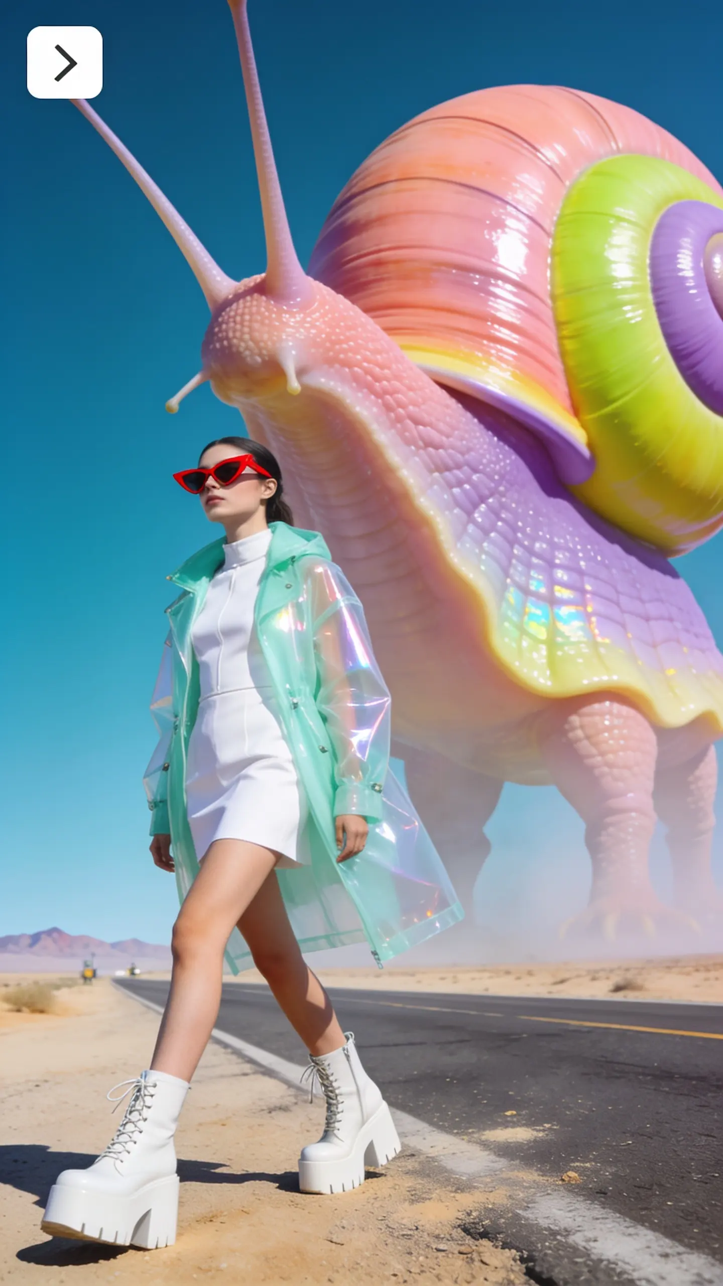 AI-generated surreal fashion photo of a model walking beside a giant iridescent snail on a desert road