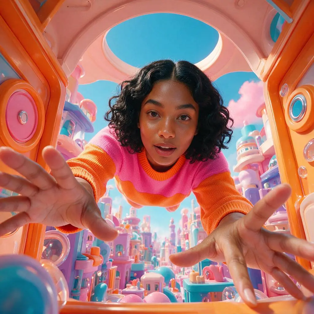 AI-generated colorful 3D scene of a smiling woman reaching out from a pastel fantasy city