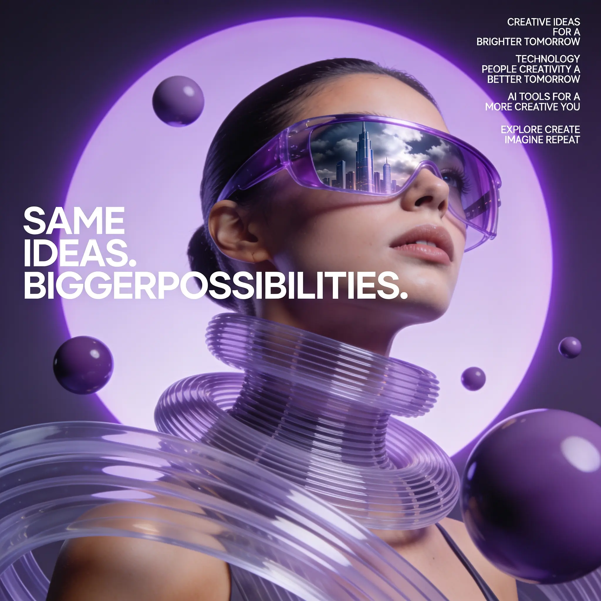 AI-generated futuristic 3D advertising poster of a woman in a glass visor with glowing purple rings