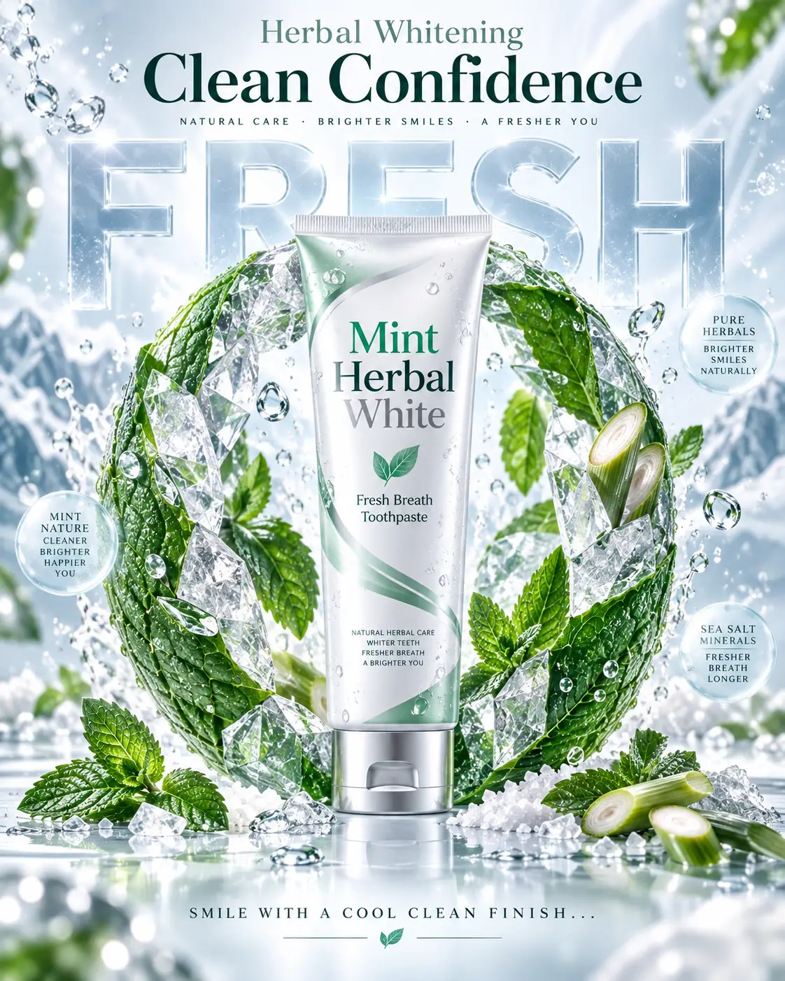 AI-generated premium advertisement for herbal mint toothpaste with fresh leaves and water splash